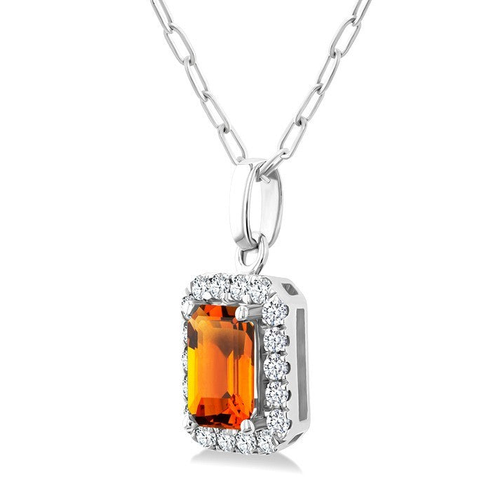 6x4 MM Octagonal Shape Citrine and 1/6 Ctw Round Cut Diamond Halo Semi-Precious Pendant with Chain in 10K White Gold