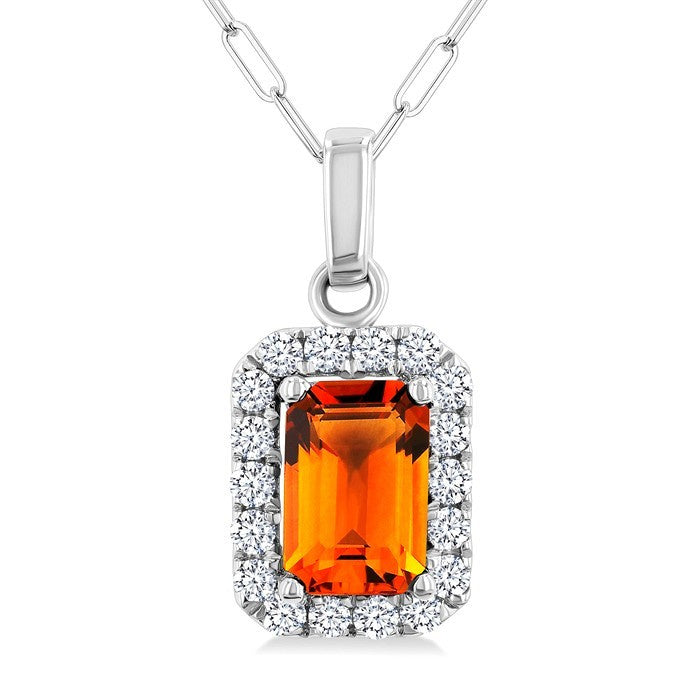 6x4 MM Octagonal Shape Citrine and 1/6 Ctw Round Cut Diamond Halo Semi-Precious Pendant with Chain in 10K White Gold