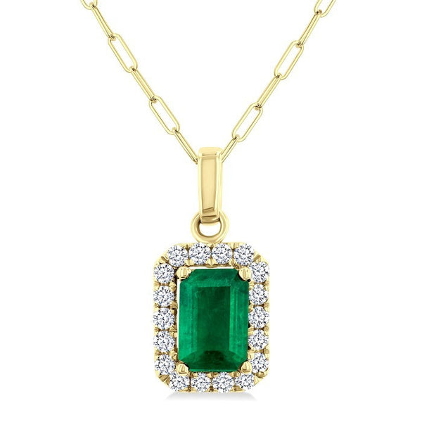 6x4 MM Octagonal Shape Emerald and 1/6 Ctw Round Cut Diamond Halo Precious Pendant with Chain in 10K Yellow Gold