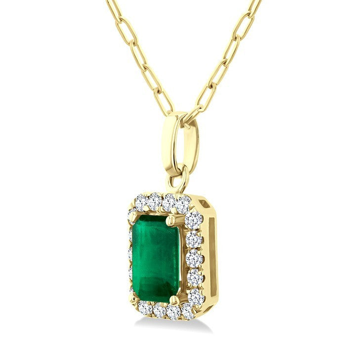 6x4 MM Octagonal Shape Emerald and 1/6 Ctw Round Cut Diamond Halo Precious Pendant with Chain in 10K Yellow Gold
