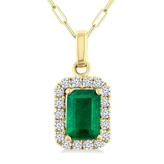 6x4 MM Octagonal Shape Emerald and 1/6 Ctw Round Cut Diamond Halo Precious Pendant with Chain in 10K Yellow Gold