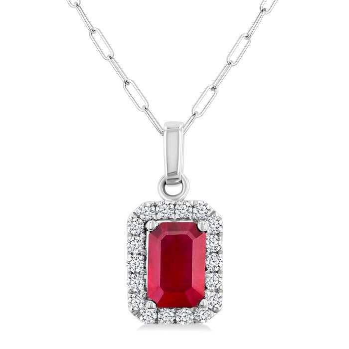 6x4 MM Octagonal Shape Ruby and 1/6 Ctw Round Cut Diamond Halo Precious Pendant with Chain in 10K White Gold