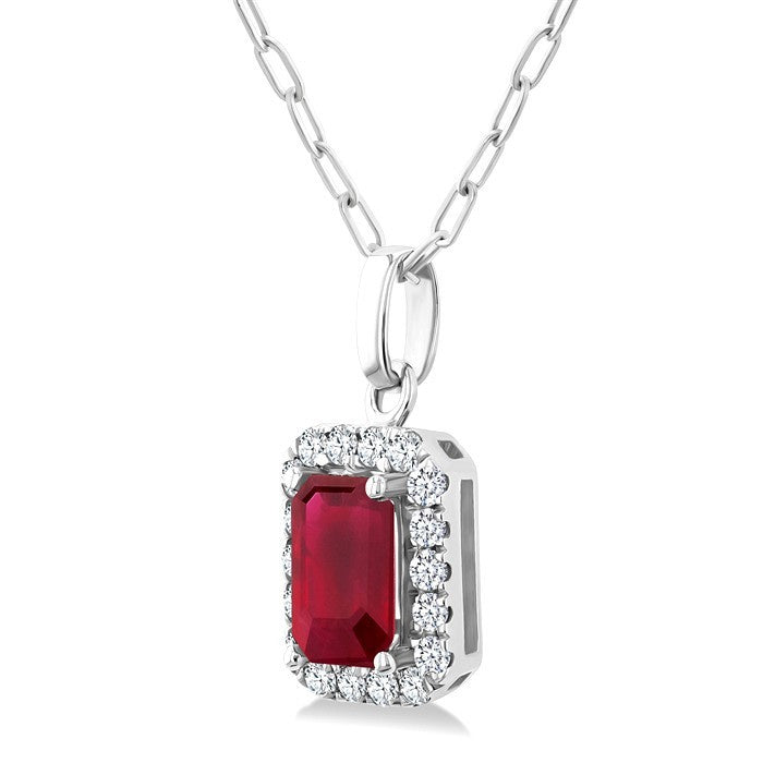 6x4 MM Octagonal Shape Ruby and 1/6 Ctw Round Cut Diamond Halo Precious Pendant with Chain in 10K White Gold