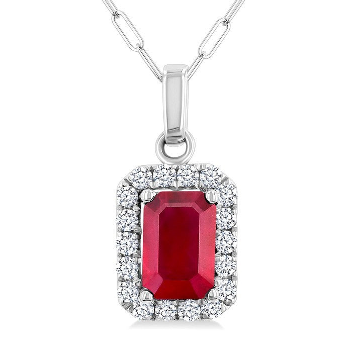 6x4 MM Octagonal Shape Ruby and 1/6 Ctw Round Cut Diamond Halo Precious Pendant with Chain in 10K White Gold