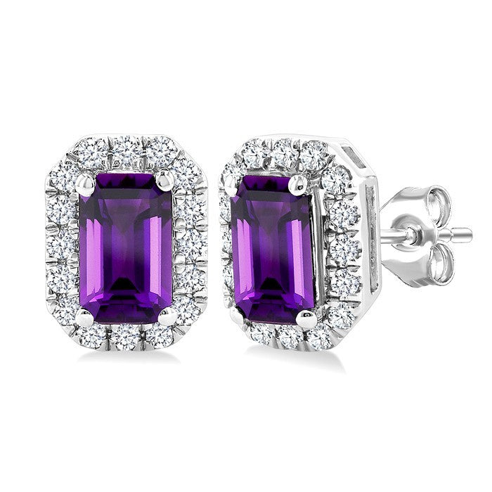 5x3 MM Octagonal Shape Amethyst and 1/8 Ctw Round Cut Diamond Halo Semi-Precious Stud Earrings in 10K White Gold