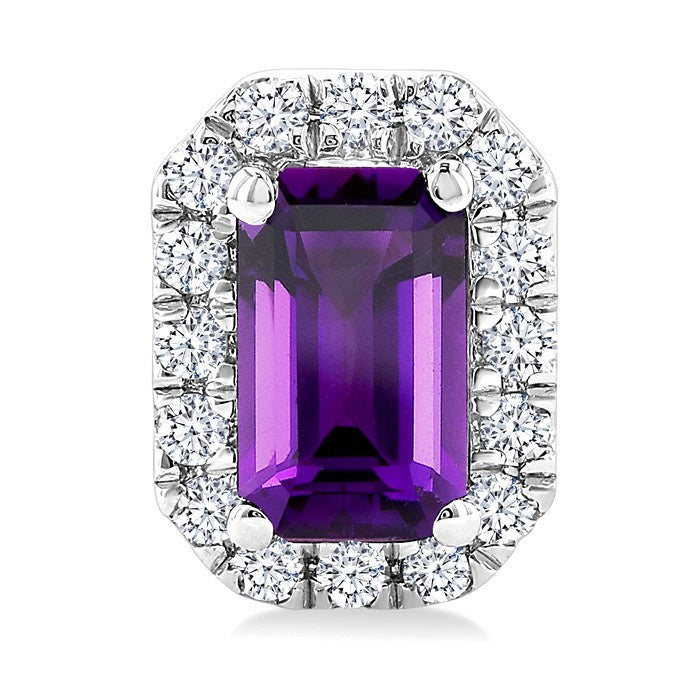 5x3 MM Octagonal Shape Amethyst and 1/8 Ctw Round Cut Diamond Halo Semi-Precious Stud Earrings in 10K White Gold