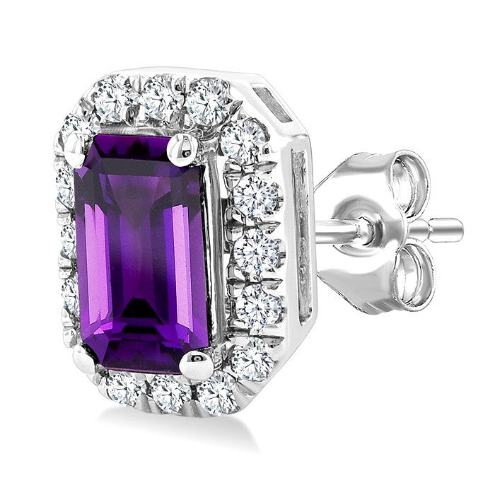 5x3 MM Octagonal Shape Amethyst and 1/8 Ctw Round Cut Diamond Halo Semi-Precious Stud Earrings in 10K White Gold