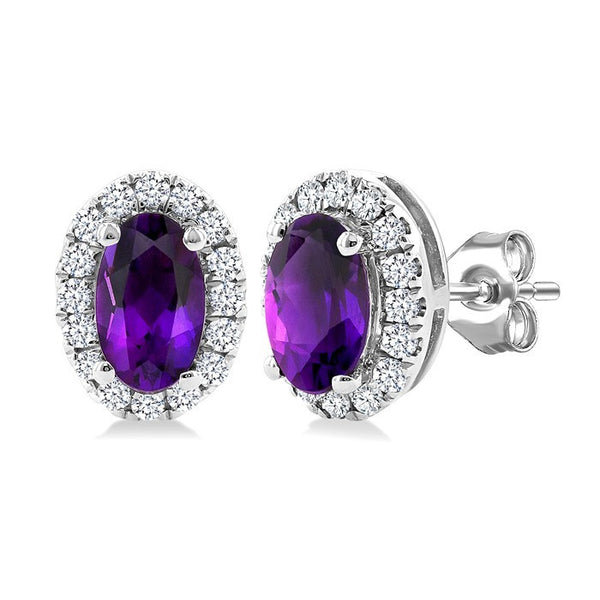 5x3 MM Oval Shape Amethyst and 1/8 Ctw Round Cut Diamond Halo Semi-Precious Stud Earrings in 10K White Gold