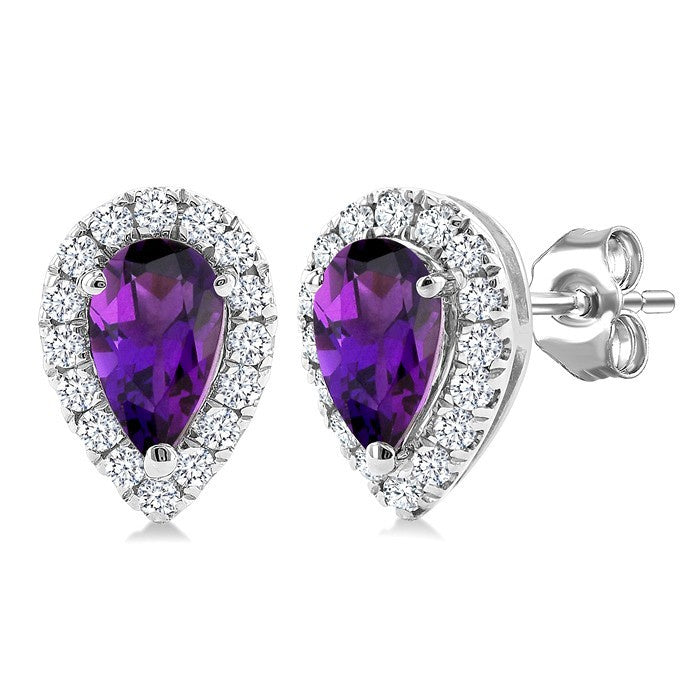 5x3 MM Pear Shape Amethyst and 1/8 Ctw Round Cut Diamond Halo Semi-Precious Stud Earrings in 10K White Gold