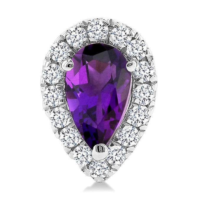 5x3 MM Pear Shape Amethyst and 1/8 Ctw Round Cut Diamond Halo Semi-Precious Stud Earrings in 10K White Gold