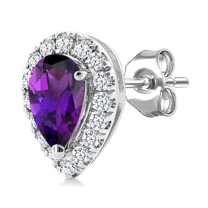 5x3 MM Pear Shape Amethyst and 1/8 Ctw Round Cut Diamond Halo Semi-Precious Stud Earrings in 10K White Gold