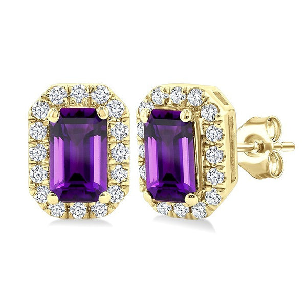 5x3 MM Octagonal Shape Amethyst and 1/8 Ctw Round Cut Diamond Halo Semi-Precious Stud Earrings in 10K Yellow Gold