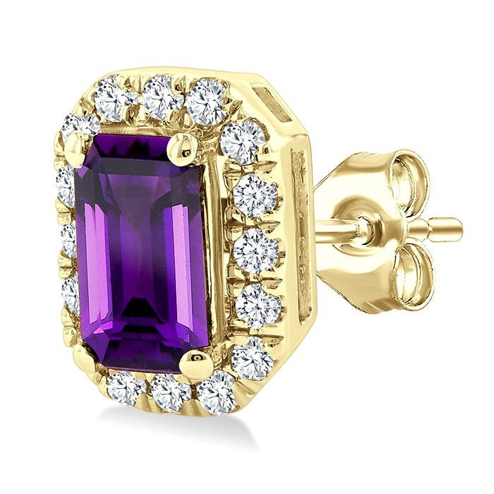 5x3 MM Octagonal Shape Amethyst and 1/8 Ctw Round Cut Diamond Halo Semi-Precious Stud Earrings in 10K Yellow Gold