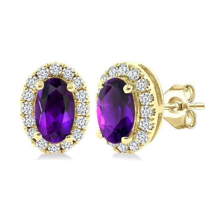 5x3 MM Oval Shape Amethyst and 1/8 Ctw Round Cut Diamond Halo Semi-Precious Stud Earrings in 10K Yellow Gold