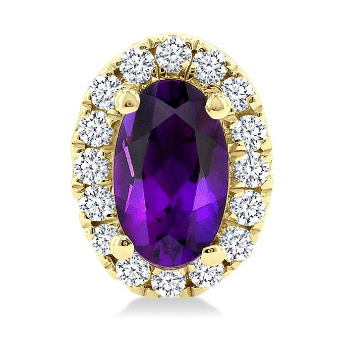 5x3 MM Oval Shape Amethyst and 1/8 Ctw Round Cut Diamond Halo Semi-Precious Stud Earrings in 10K Yellow Gold