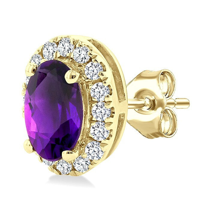 5x3 MM Oval Shape Amethyst and 1/8 Ctw Round Cut Diamond Halo Semi-Precious Stud Earrings in 10K Yellow Gold