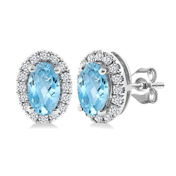 5x3 MM Oval Shape Aquamarine and 1/8 Ctw Round Cut Diamond Halo Semi-Precious Stud Earrings in 10K White Gold