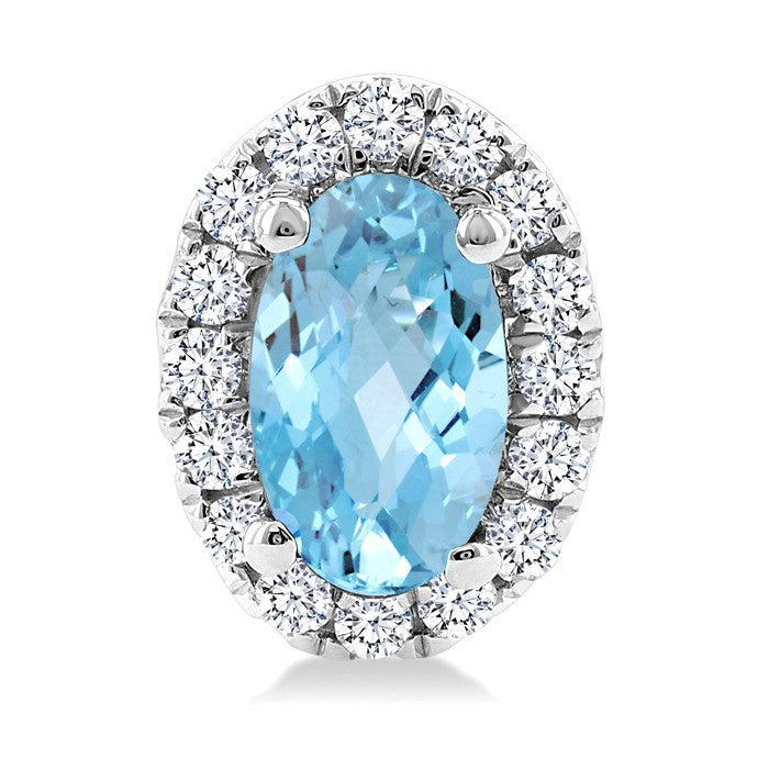 5x3 MM Oval Shape Aquamarine and 1/8 Ctw Round Cut Diamond Halo Semi-Precious Stud Earrings in 10K White Gold