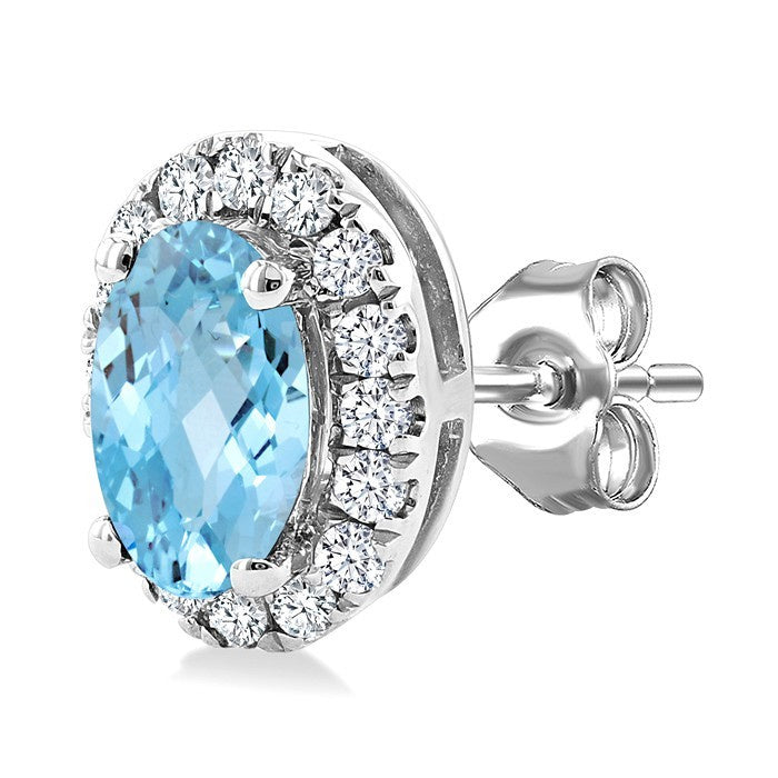 5x3 MM Oval Shape Aquamarine and 1/8 Ctw Round Cut Diamond Halo Semi-Precious Stud Earrings in 10K White Gold