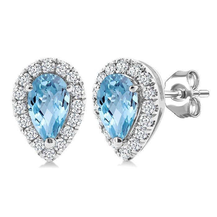 5x3 MM Pear Shape Aquamarine and 1/8 Ctw Round Cut Diamond Halo Semi-Precious Stud Earrings in 10K White Gold