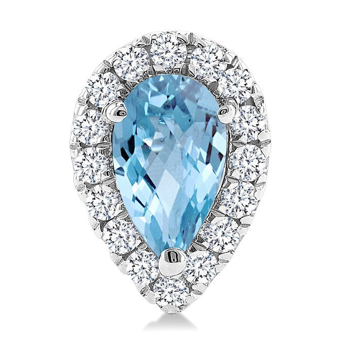 5x3 MM Pear Shape Aquamarine and 1/8 Ctw Round Cut Diamond Halo Semi-Precious Stud Earrings in 10K White Gold