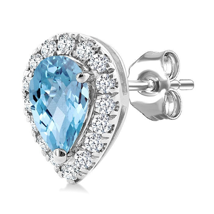 5x3 MM Pear Shape Aquamarine and 1/8 Ctw Round Cut Diamond Halo Semi-Precious Stud Earrings in 10K White Gold