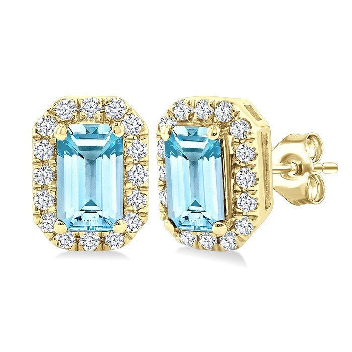5x3 MM Octagonal Shape Aquamarine and 1/8 Ctw Round Cut Diamond Halo Semi-Precious Stud Earrings in 10K Yellow Gold