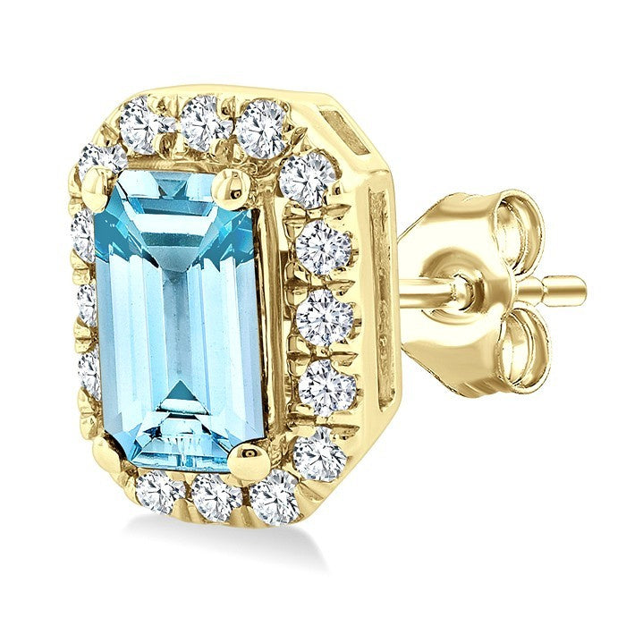 5x3 MM Octagonal Shape Aquamarine and 1/8 Ctw Round Cut Diamond Halo Semi-Precious Stud Earrings in 10K Yellow Gold