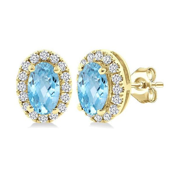 5x3 MM Oval Shape Aquamarine and 1/8 Ctw Round Cut Diamond Halo Semi-Precious Stud Earrings in 10K Yellow Gold