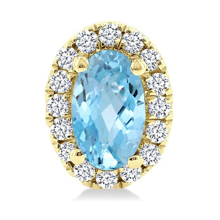 5x3 MM Oval Shape Aquamarine and 1/8 Ctw Round Cut Diamond Halo Semi-Precious Stud Earrings in 10K Yellow Gold