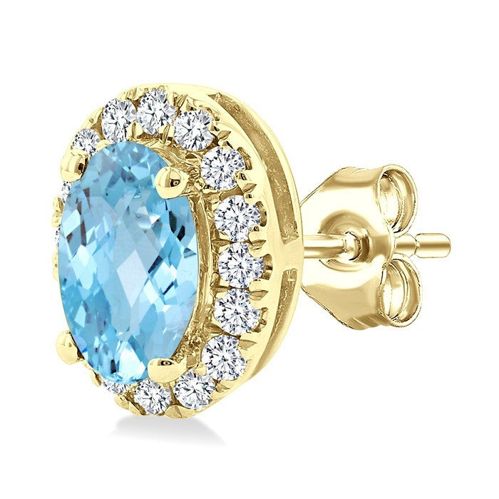 5x3 MM Oval Shape Aquamarine and 1/8 Ctw Round Cut Diamond Halo Semi-Precious Stud Earrings in 10K Yellow Gold