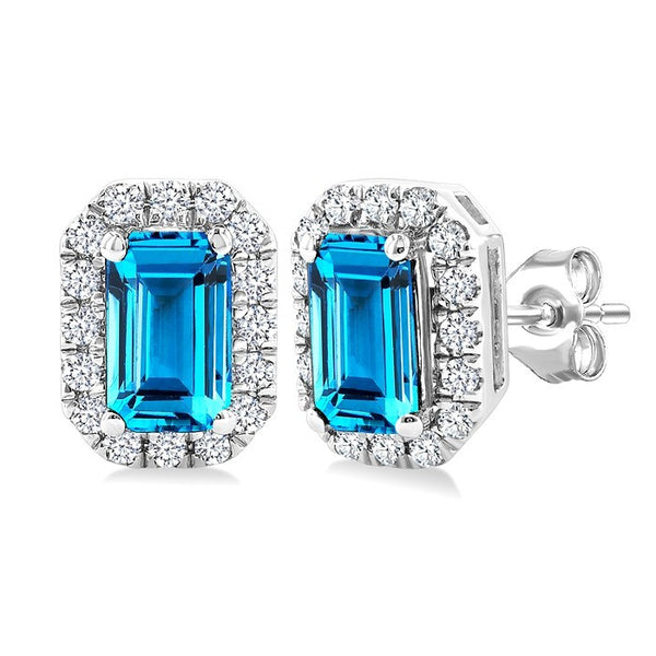 5x3 MM Octagonal Shape Blue Topaz and 1/8 Ctw Round Cut Diamond Halo Semi-Precious Stud Earrings in 10K White Gold