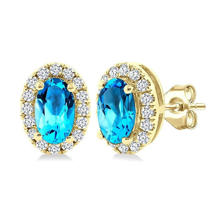 5x3 MM Oval Shape Blue Topaz and 1/8 Ctw Round Cut Diamond Halo Semi-Precious Stud Earrings in 10K Yellow Gold