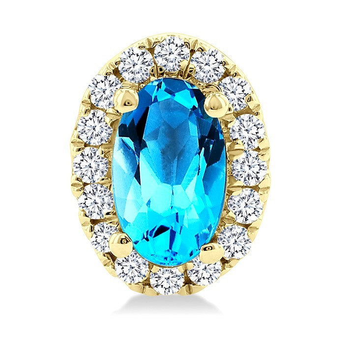 5x3 MM Oval Shape Blue Topaz and 1/8 Ctw Round Cut Diamond Halo Semi-Precious Stud Earrings in 10K Yellow Gold