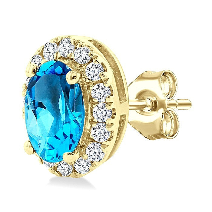 5x3 MM Oval Shape Blue Topaz and 1/8 Ctw Round Cut Diamond Halo Semi-Precious Stud Earrings in 10K Yellow Gold