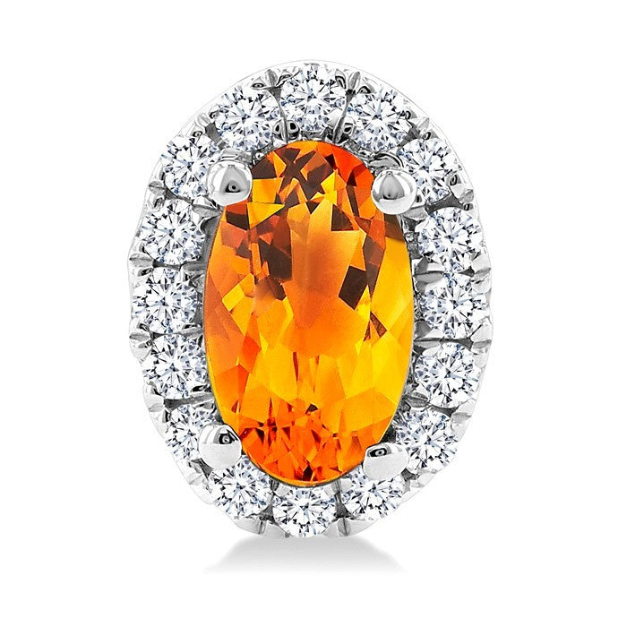 5x3 MM Oval Shape Citrine and 1/8 Ctw Round Cut Diamond Halo Semi-Precious Stud Earrings in 10K White Gold