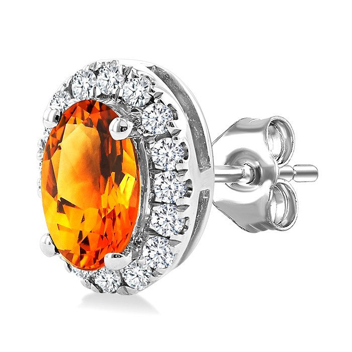 5x3 MM Oval Shape Citrine and 1/8 Ctw Round Cut Diamond Halo Semi-Precious Stud Earrings in 10K White Gold