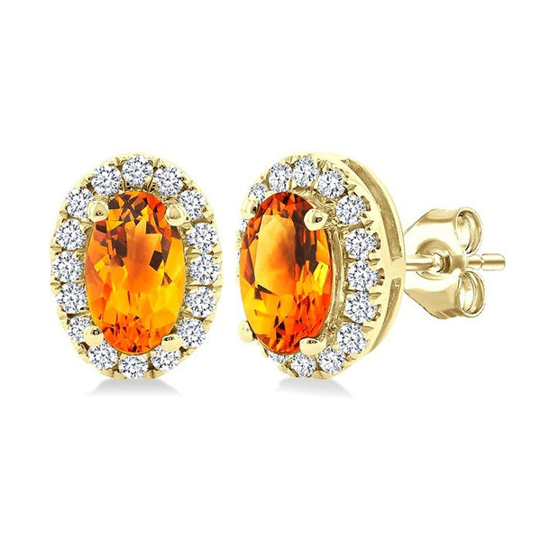 5x3 MM Oval Shape Citrine and 1/8 Ctw Round Cut Diamond Halo Semi-Precious Stud Earrings in 10K Yellow Gold