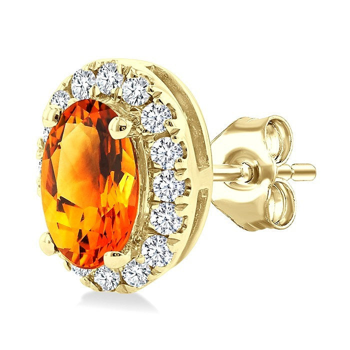 5x3 MM Oval Shape Citrine and 1/8 Ctw Round Cut Diamond Halo Semi-Precious Stud Earrings in 10K Yellow Gold