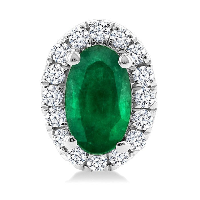 5x3 MM Oval Shape Emerald and 1/8 Ctw Round Cut Diamond Halo Precious Stud Earrings in 10K White Gold