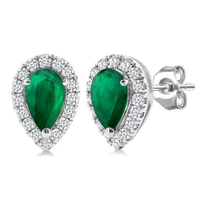 5x3 MM Pear Shape Emerald and 1/8 Ctw Round Cut Diamond Halo Precious Stud Earrings in 10K White Gold