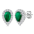 5x3 MM Pear Shape Emerald and 1/8 Ctw Round Cut Diamond Halo Precious Stud Earrings in 10K White Gold