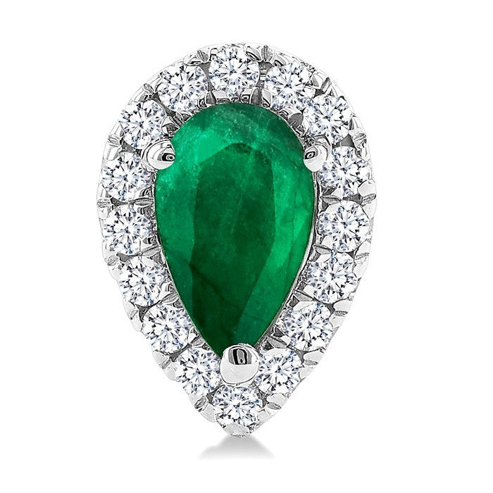 5x3 MM Pear Shape Emerald and 1/8 Ctw Round Cut Diamond Halo Precious Stud Earrings in 10K White Gold