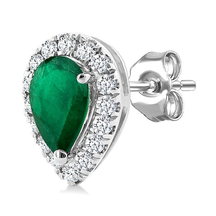 5x3 MM Pear Shape Emerald and 1/8 Ctw Round Cut Diamond Halo Precious Stud Earrings in 10K White Gold