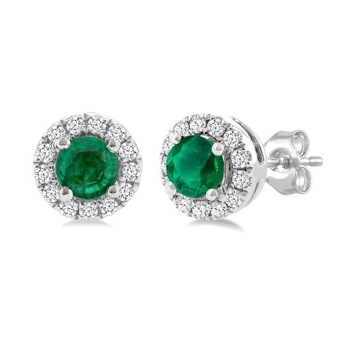 3.25 MM Round Emerald and 1/10 Ctw Round Cut Diamond Halo Precious Stud Earrings in 10K White Gold