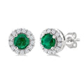 3.25 MM Round Emerald and 1/10 Ctw Round Cut Diamond Halo Precious Stud Earrings in 10K White Gold