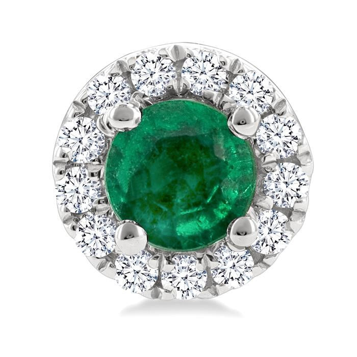 3.25 MM Round Emerald and 1/10 Ctw Round Cut Diamond Halo Precious Stud Earrings in 10K White Gold