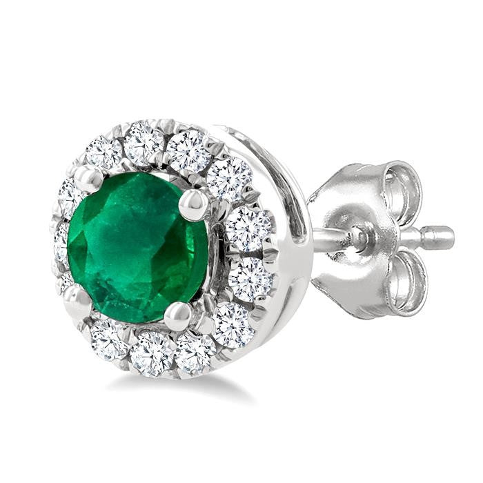 3.25 MM Round Emerald and 1/10 Ctw Round Cut Diamond Halo Precious Stud Earrings in 10K White Gold