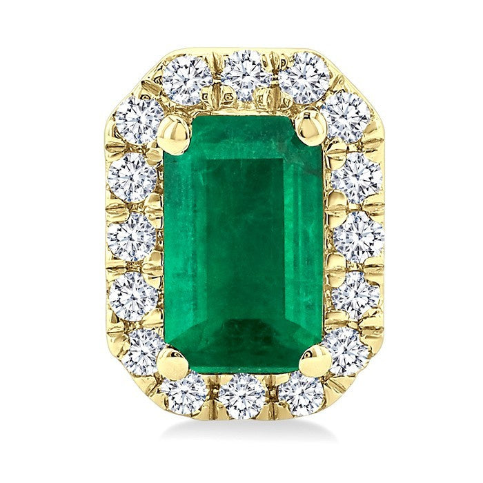 5x3 MM Octagonal Shape Emerald and 1/8 Ctw Round Cut Diamond Halo Precious Stud Earrings in 10K Yellow Gold