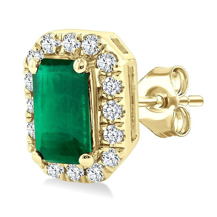 5x3 MM Octagonal Shape Emerald and 1/8 Ctw Round Cut Diamond Halo Precious Stud Earrings in 10K Yellow Gold